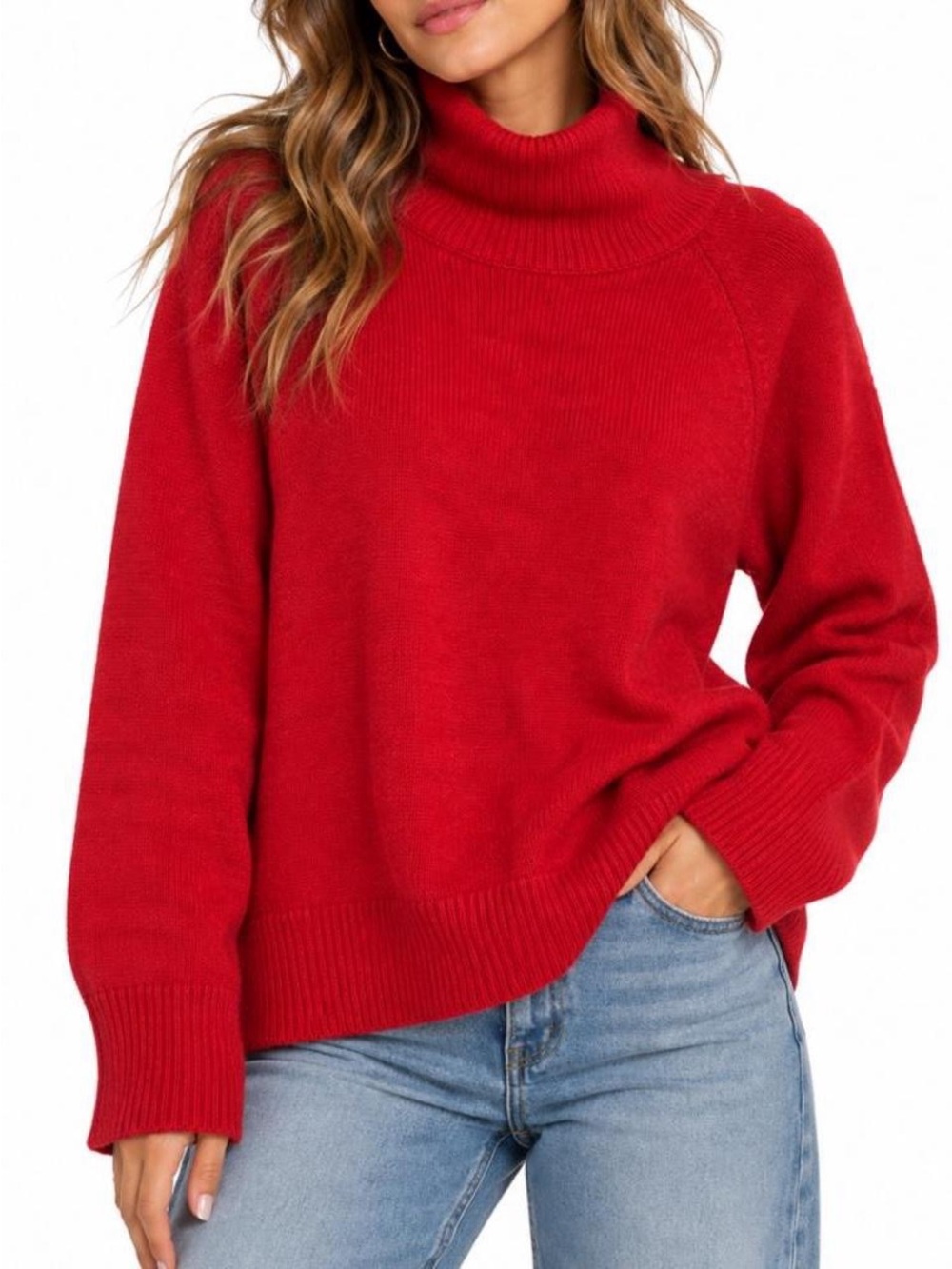 OSHOPLIVE‎ Red Mock Neck Trendy Sweater with a Classic Fit